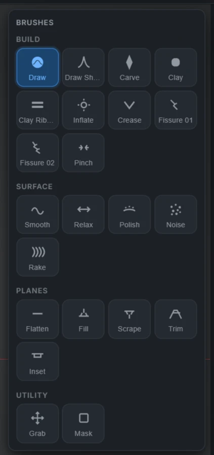 The brush picker flyout showing the Build, Surface, Planes and Utility brush groups