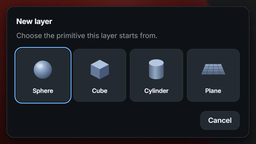 The New layer dialog offering Sphere, Cube, Cylinder and Plane primitives