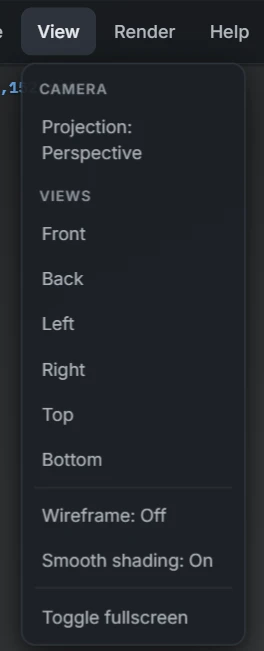 The View menu open: projection, axis views, wireframe and display toggles