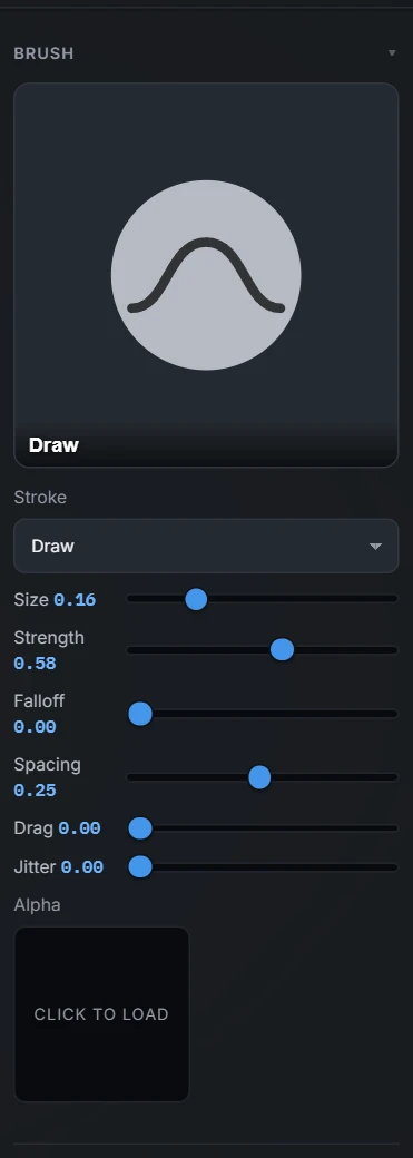 The Brush panel: stroke type selector and the Size, Strength, Falloff, Spacing, Drag and Jitter sliders plus the Alpha slot