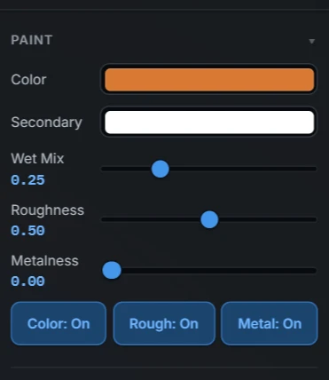 The Paint panel: primary and secondary colour swatches, Wet Mix, Roughness and Metalness sliders, and the channel toggles
