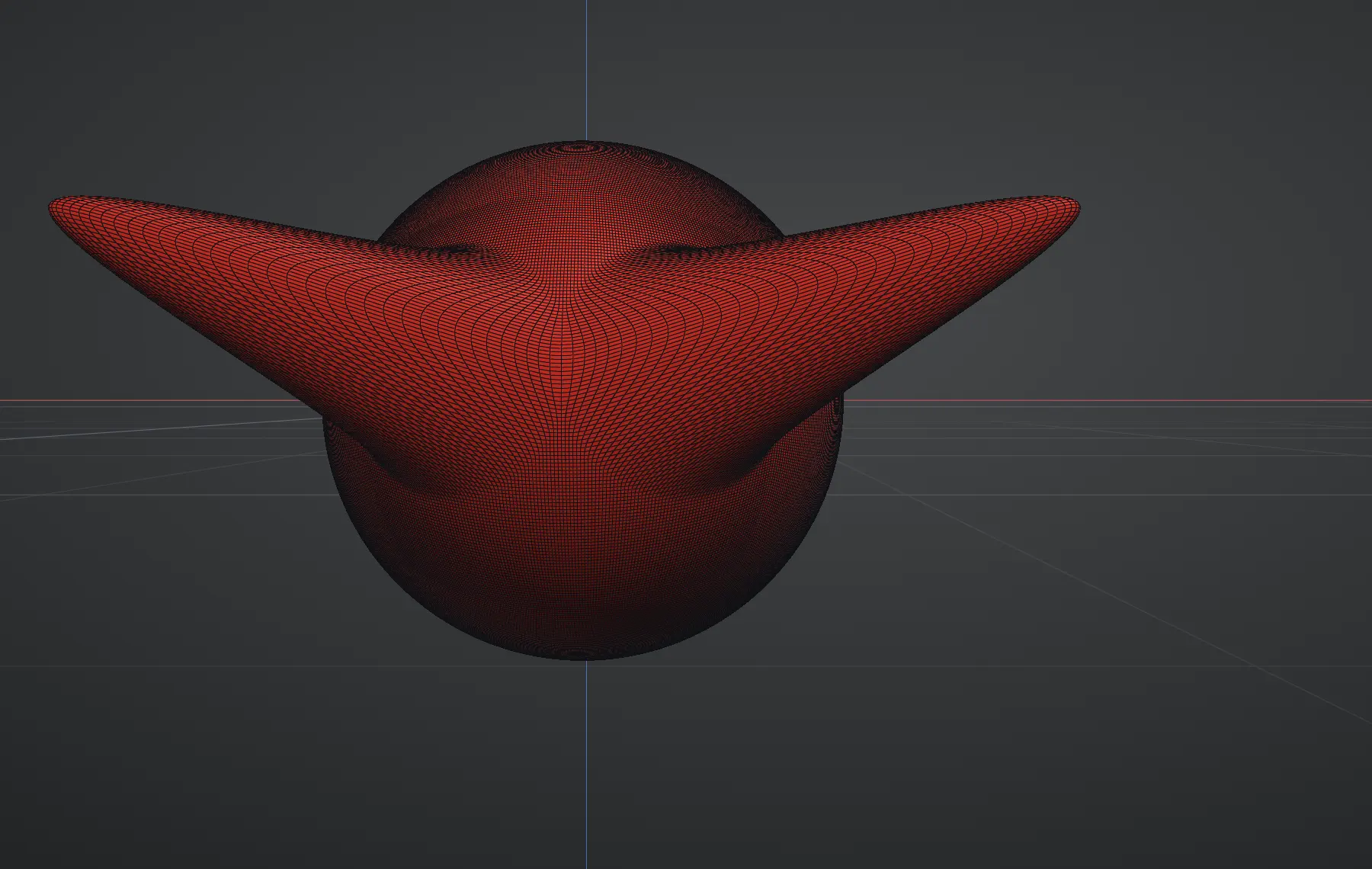 Wireframe of a sphere with two long pulled-out spikes, the quads stretched thin along each pull