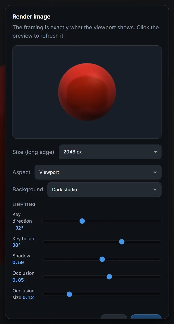 The Render image dialog with a live preview, size and aspect options, background options and lighting sliders