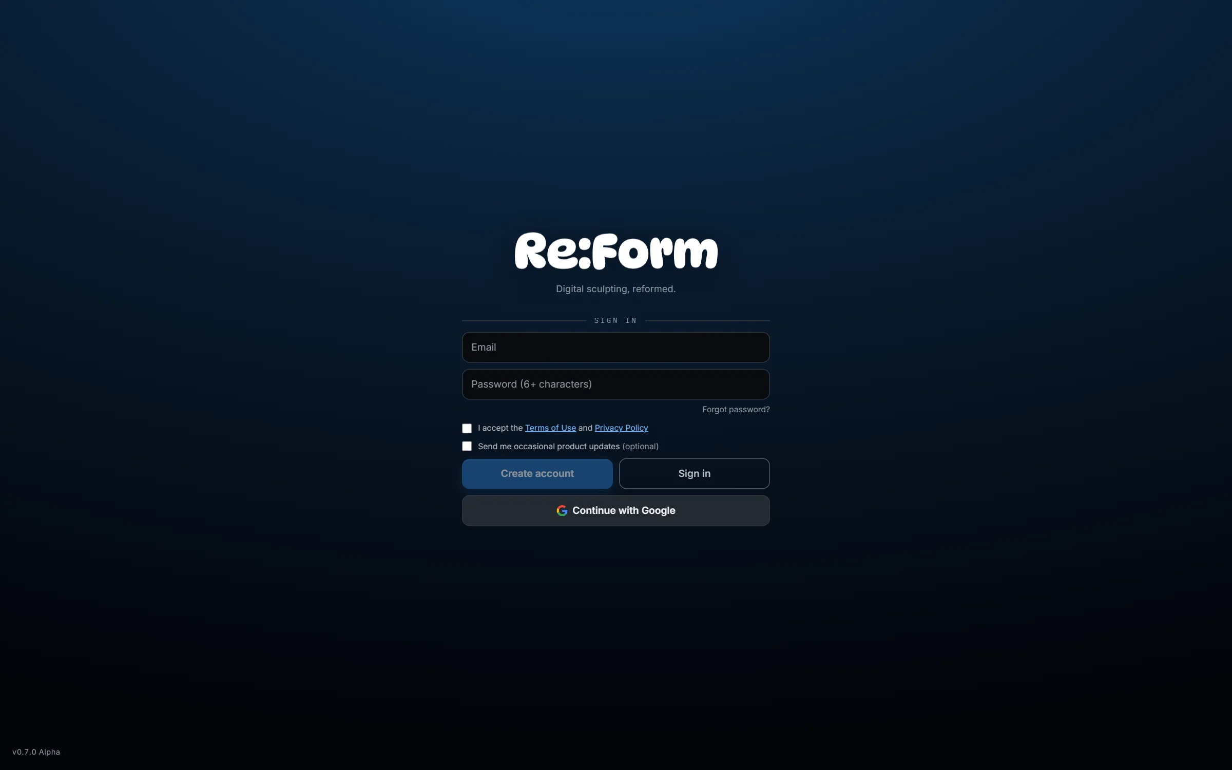 The Re:Form sign-in screen with email and password fields, a Create account button, and a Continue with Google button