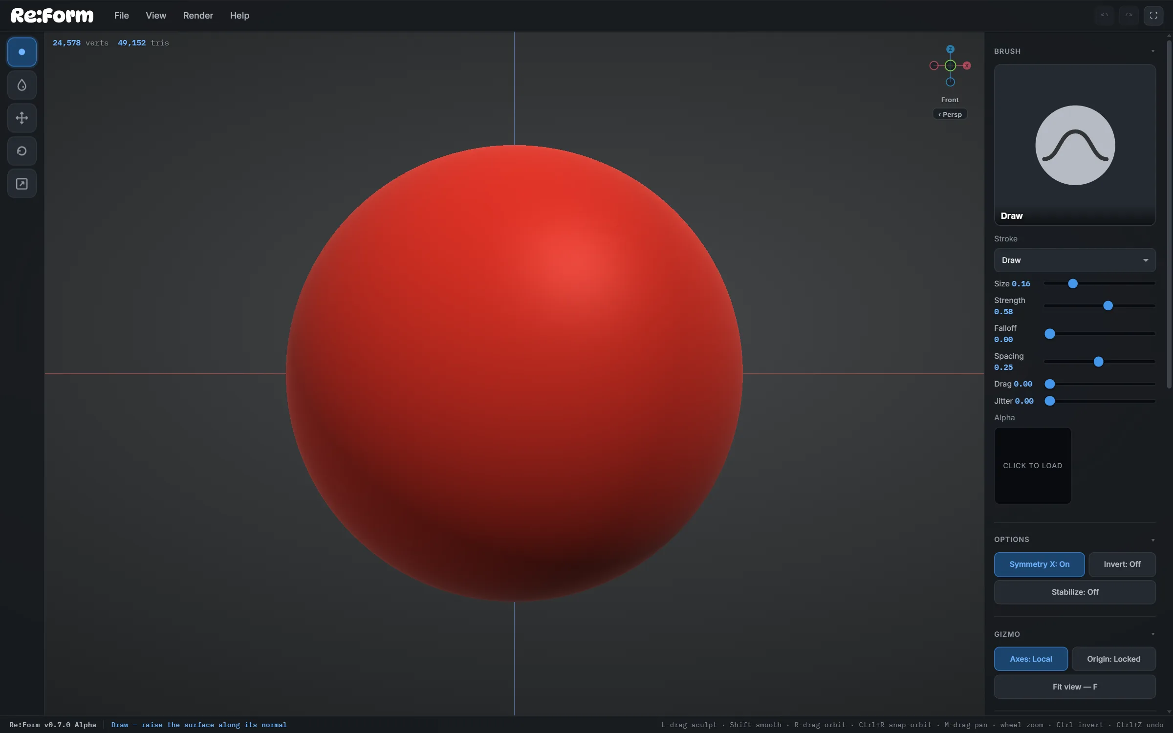 The full Re:Form studio: menu bar on top, tool rail on the left, viewport with a red sphere in the middle, settings panel on the right, status bar along the bottom